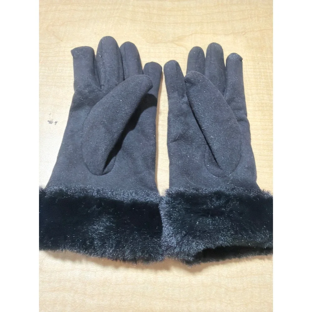 UGG Australia Womens Black Suede Gloves Faux Fur Trim Winter Accessories Logo
